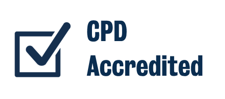 A blue tick surrounded by a square outline next to blue text saying “CPD Accredited”. This image confirms the short course has been accredited as conforming to continuing professional development principles.