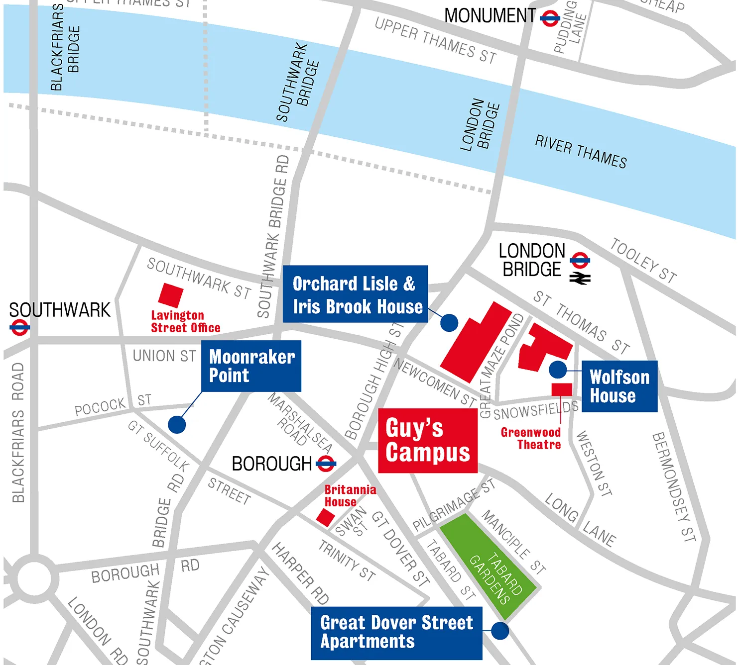 A map showing the location of the Guy's campus
