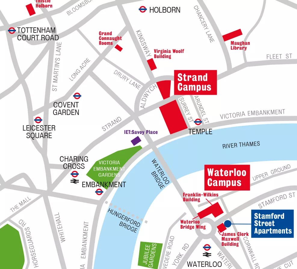 A map showing the location of the Strand and Waterloo campuses