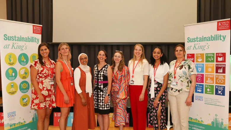 King's Sustainability Team. From left to right: Rachel Harrington-Abrams, Emily Read, Tasnia Yasmin, Kat Thorne, Alexandra Hepple, Jone De Roode Jauregi, Lavinia Allen, Nicola Hogan.