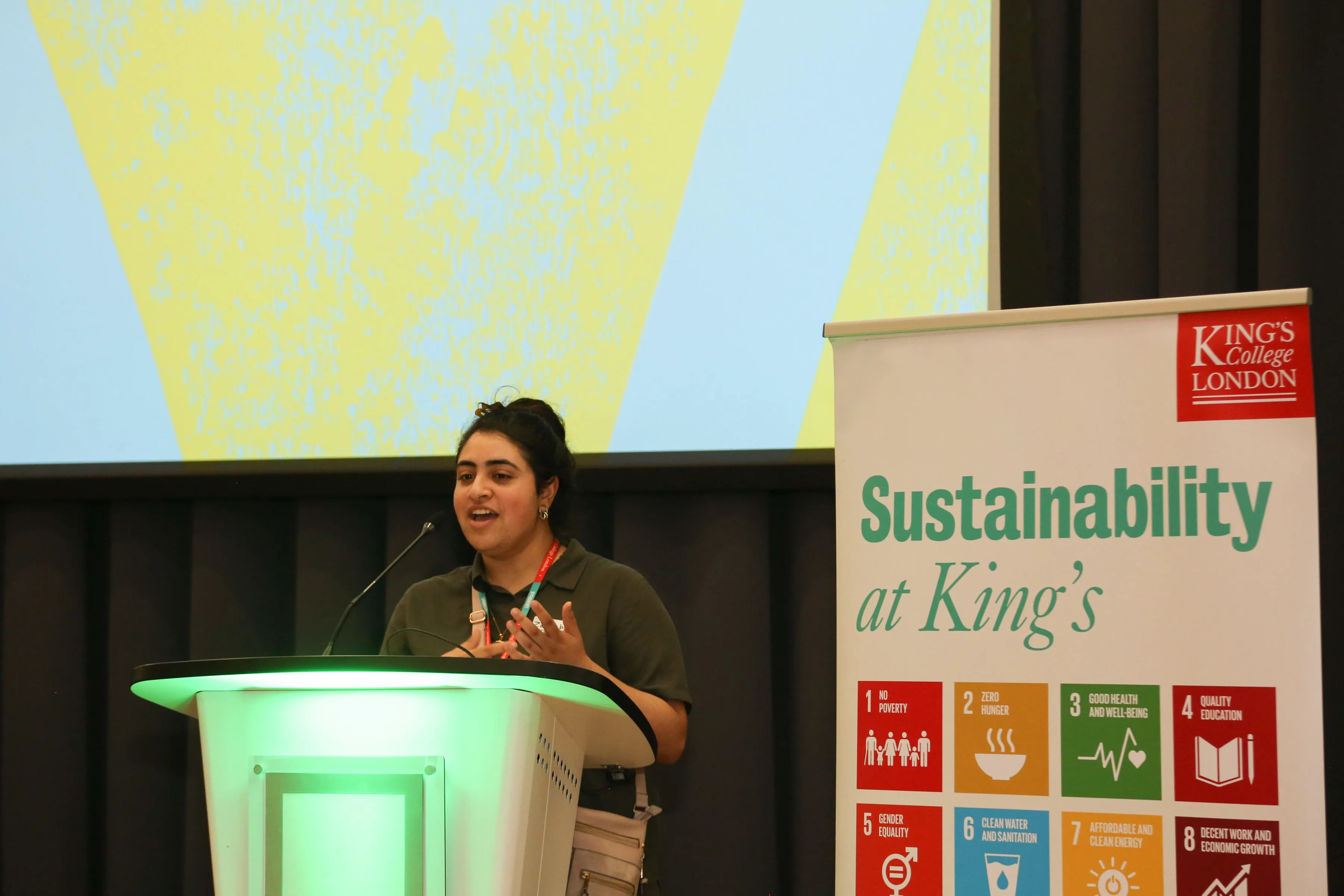 Sustainability Awards:Zaynab - student volunteer talking about SDG Curriculum mapping project and KEATS Sustainability module