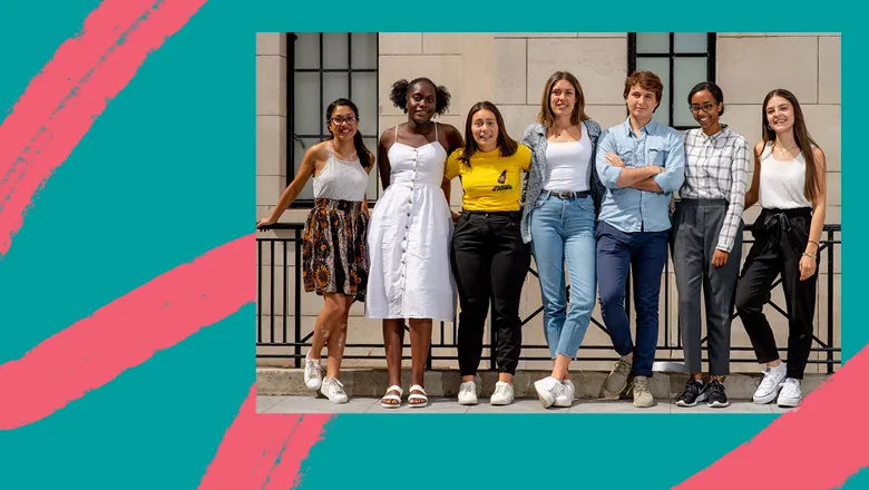 A group of students standing in the Bush House courtyard. 