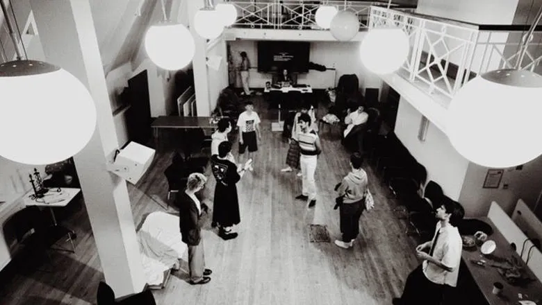 Aerial shot of members of King's Players Society acting out a scene.