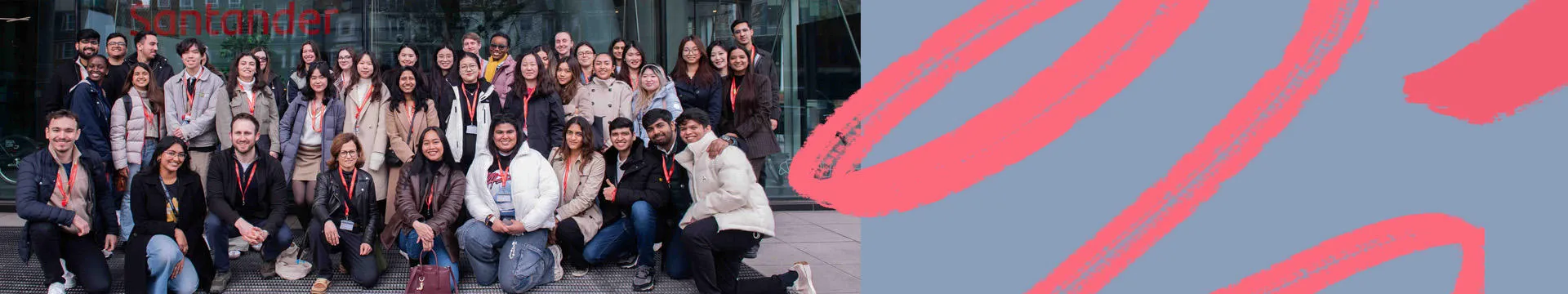 Group of students posing outside Santander Work Cafe