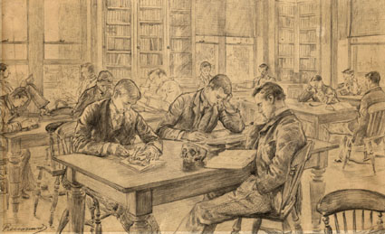 In the Library - a drawing by Charles Paul Renouard