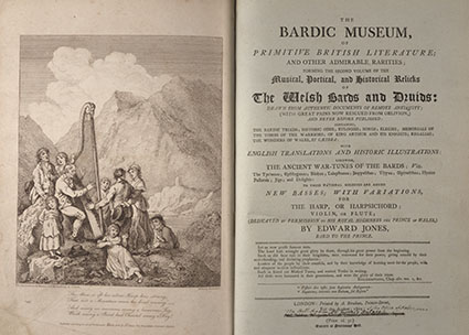Title page and frontispiece from Edward Jones, The bardic museum, of primitive British literature; and other admirable rarities, 1802