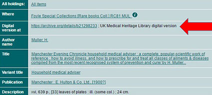 Library catalogue record with link to UK Medical Heritage Library record highlighted
