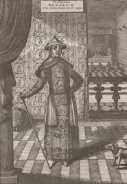 Portrait of 'The Great Cham Emperor' Qing Emperor, Shunzhi (1638-1661). From Johannes Nieuhof's 'Embassy from the East-India Company of the United Provinces, to the Grand Tartar Cham Emperor of China (London, 1673)