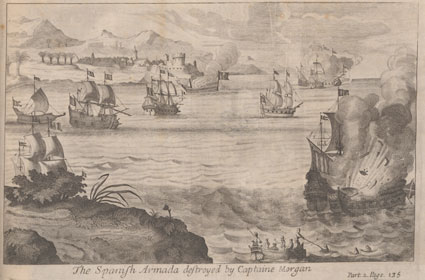 Engraving depicting Captain Morgan's attack on the Spanish Armada