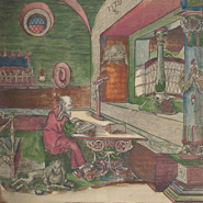 Hand-coloured woodcut depicting St. Jerome in his study, from the Halberstadt Bible (Halberstadt, 1522)