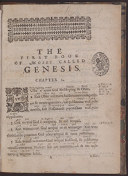 First page of text from the Algonquin Genesis, printed in Cambridge, Massachusetts in 1655. With decorative woodcut headpiece and initial letter.