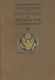 Front cover from 'The official record of the United States' part in the Great War' (1920). Binding in beige cloth with title blocked in black letters and seal stamped in black and gold.