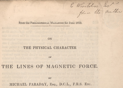 Detail from pamphlet by Michael Faraday showing inscription in ink from the author to Sir Charles Wheatstone.
