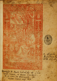 First leaf of the Psalterium Aethiopicum showing full page woodcut in red of David playing the harp in a wooded landscape