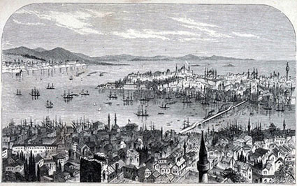 Woodcut depicting Constantinople, as seen from the Galata Tower