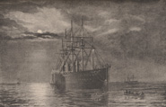 Reproduction of a painting by Henry Clifford depicting a large steamship and rowing boats at night, entitled 'Recovery of 1865 Atlantic cable, by S.S. "Great Eastern."'