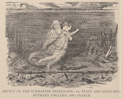 Wood engraving depicting two females winged figures on a seabed shaking hands and holding a branch of leaves, entitled 'Effect of the submarine telegraph; or, Peace and Good-will between England and France.'