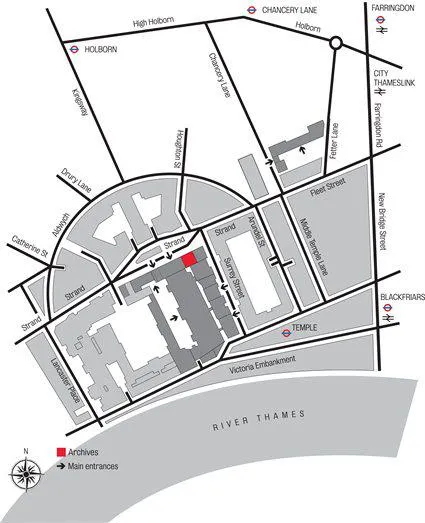 map showing overview of Aldwych quarter of London and King's College London site with the Archives location highlighted in red