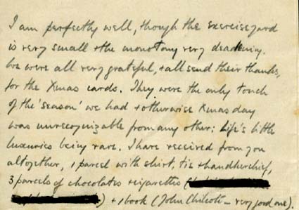 Text of part of a manuscript letter by Graeme Wynne, British prisoner of war 20 Dec 1914