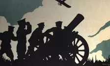 World War One poster showing in graphic silhouette soldiers attending a field gun with an aeroplane in the sky overhead