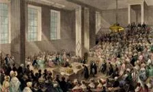 Engraving showing a well attended prize giving event at King's College London from 1840 with coloured tinting 