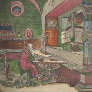 Hand-coloured woodcut depicting St. Jerome in his study, from the Halberstadt Bible (Halberstadt, 1522). 