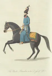 'The Umla Baushee in his dress of office'. A 19th-century Afghani government official in uniform, riding a horse. From Elphinstone's Account of the kingdom of Caubul (London, 1815).