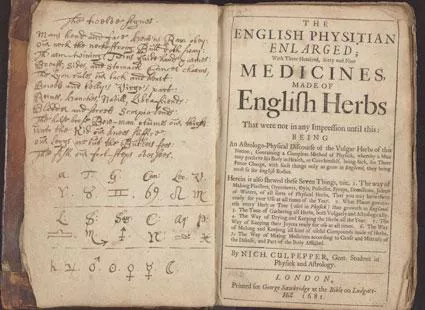 Title page opening of Culpepper's 'The English physitian enlarged' (1681), showing copious manuscript inscriptions, including astrological symbols.