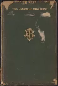 Green leather binding, with gilt title and monogram, from a copy of 'The crown of wild olive' by John Ruskin held in the Adam Collection.