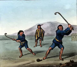 An illustration of a game like hockey being played by indigenous people in Chile. From Peter Schmidtmeyer, Travels into Chil, 1820-21