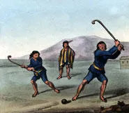 Two Araucanos playing bandy ball in Chili (1824).