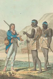 Plate entitled 'The author in Cafaria' depicting a European talking to two Africans.