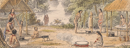 Indigenous Carib tribe crushing sugar cane and making Cassava bread. From: W.H. Brett. The Indian tribes of Guiana, 1868