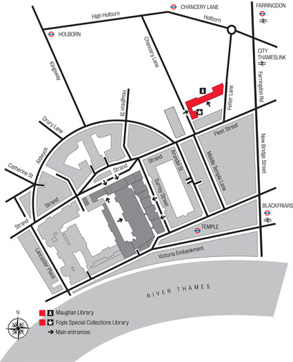 Map showing the location of the Foyle Special Collections Library, and details of the surrounding areas