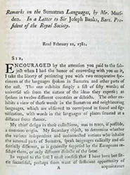 Opening of William Marsden's 'Remarks on the Sumatran Languages', Archaeologia, 6, 1782.