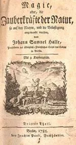 Title page of a 1785 work about magic and parlour tricks by Johann Samuel Halle. Illustration of children playing