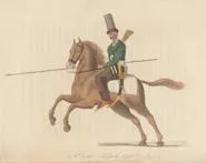'A Dehli - Turkish light cavalry' from Wittman's Travels (1803). Plate depicts a cavalry trooper with a lance in his hand and mounted on a brown horse.