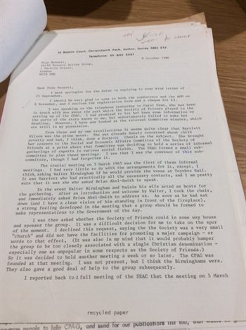 Letter from Richard Allen outlining early Quaker involvement with CPAG