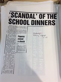 Telegraph press cutting, with headline 'Scandal' of the School Dinners