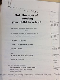 Haringey Poverty Action Group typewritten sheet: 'Cut the cost of sending your child to school'.