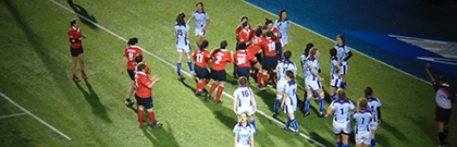 Image of KCLWRFC celebrating scoring a try during the 2016 London Varsity Series