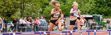 King's Sport Performance Athlete Shona Richards clears a hurdles during the 2016 Loughborough International