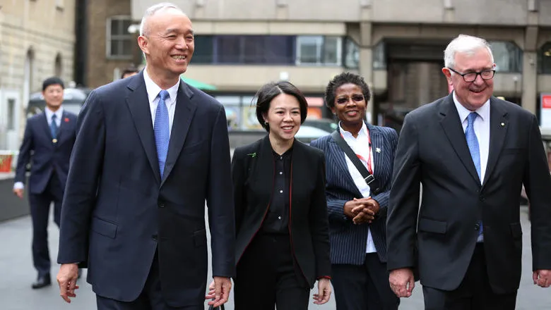 The delegation headed by Beijing's most senior official -Party Secretary Mr Cai Qi are greeted at King's by President and Vice-Principal (International) Funmi Olonisakin and Professor Ed Byrne, President and Principal.