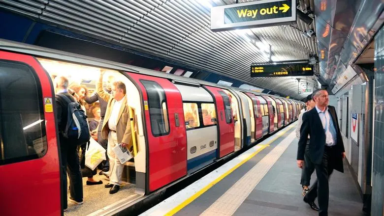 London Underground train at a train station.