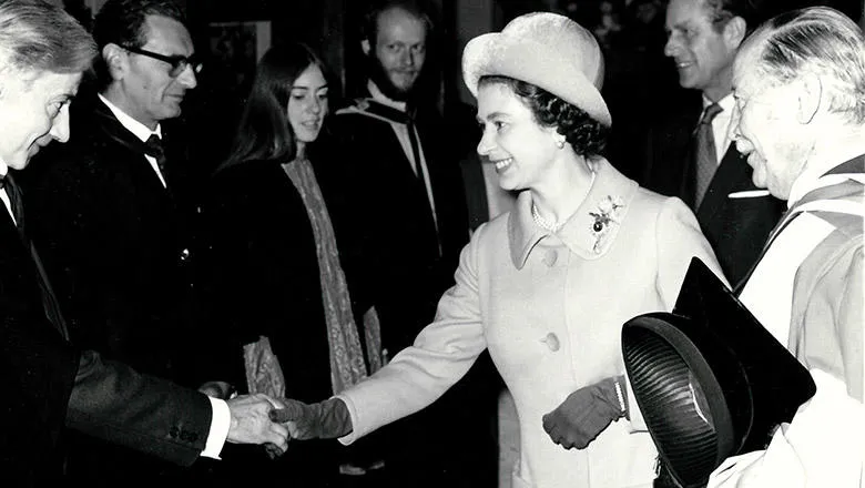 Her Majesty the Queen and Prince Philip meeting guests at the opening of the Strand Building in 1972. Image: King's College London Archives.