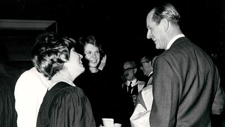 Prince Philip chatting with students at the opening of the Strand Building in 1972. Image: King's College London archives.