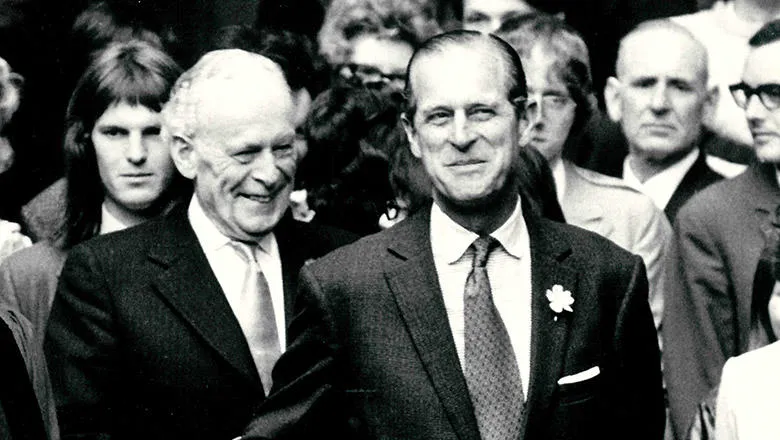 Prince Philip meeting members of the King's community at the opening of the Strand Building in 1972. Image: King's College London Archives.