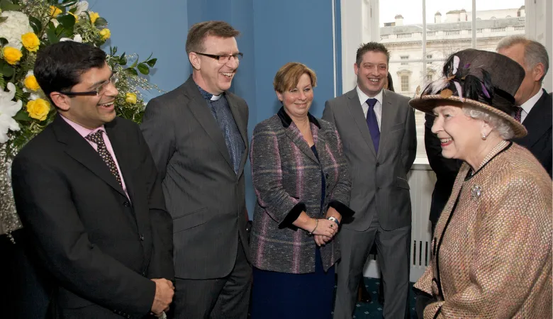 The Queen meeting members of the King’s community, including Professor Shitij Kapur (now President & Principal of King’s College London) and Revd Tim Ditchfield.