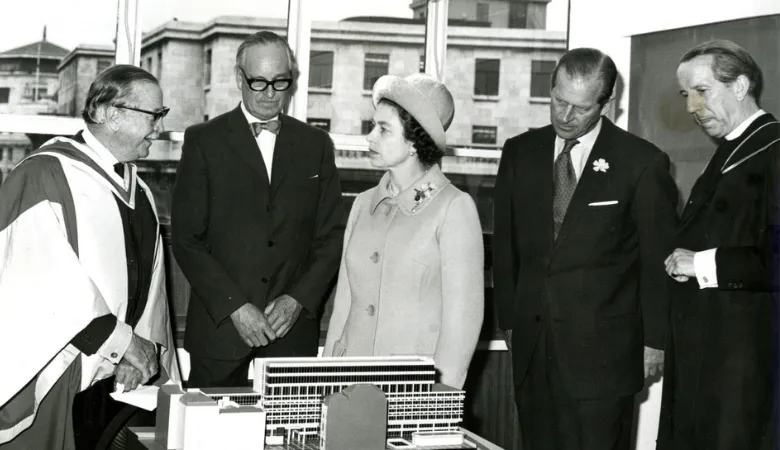 The Queen and Prince Philip with General Sir John Hackett (left), Principal of King’s College London 1975-1980. Image: King's College London Archives. 