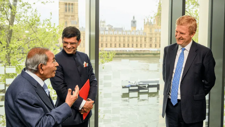 Gopichand Hinduja, Professor Shitij Kapur (Vice-Chancellor and President King's College London) and The Rt Hon Oliver Dowden CBE MP (Deputy Prime Minister)